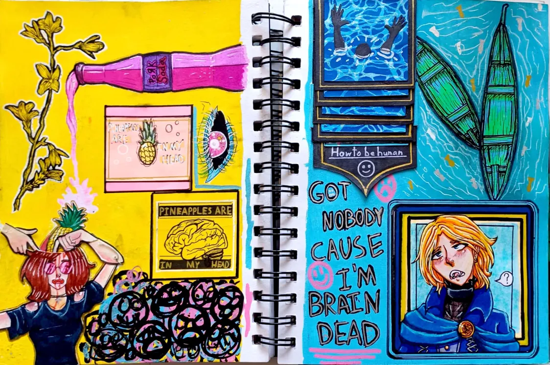 Various drawings surrounding lyrics of the song Pineapple Soda by Glass Animals